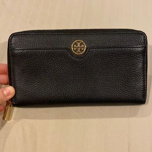 Tory Burch Continental Leather Wallet in Black and Gold with Zippers